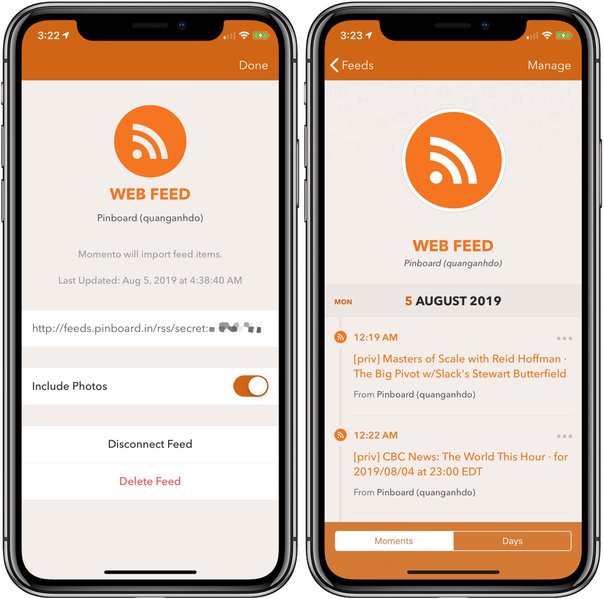 Podcast listening history in Momento