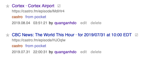 Podcast listening history in Pinboard